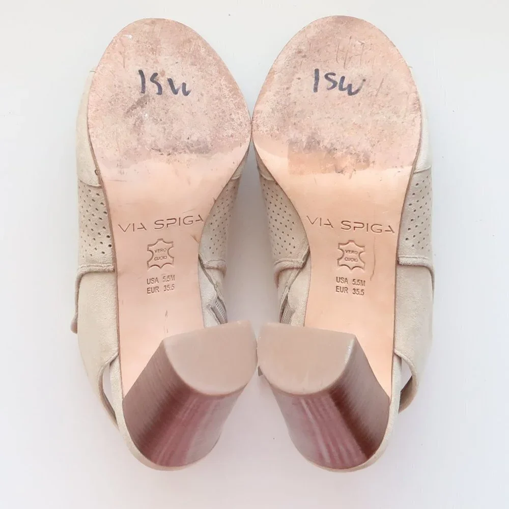 Via Spiga Beige Suede Leather Peep Toe Block Heel Perforated Bootie Shoes 5.5 - Picture 7 of 16